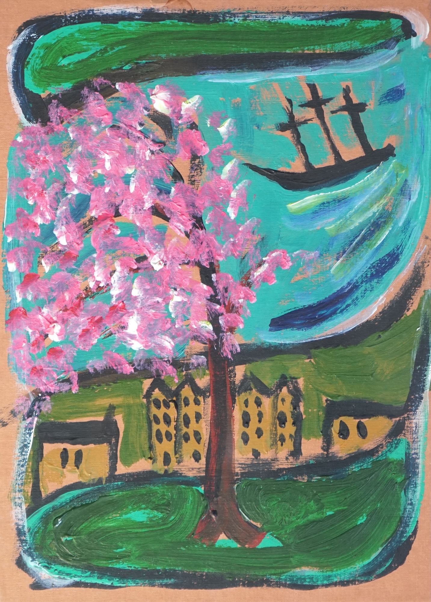 Billy Childish (British, b.1959), 'Sailing Away', painted card box, 22 x 16cm